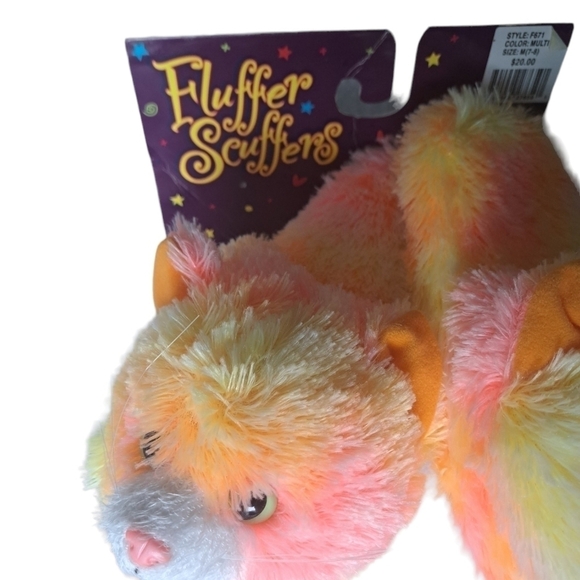 Fluffer Scuffers FURRY KITTY CAT tie dye colors fun animal slippers grip M 7-8 - Picture 2 of 12